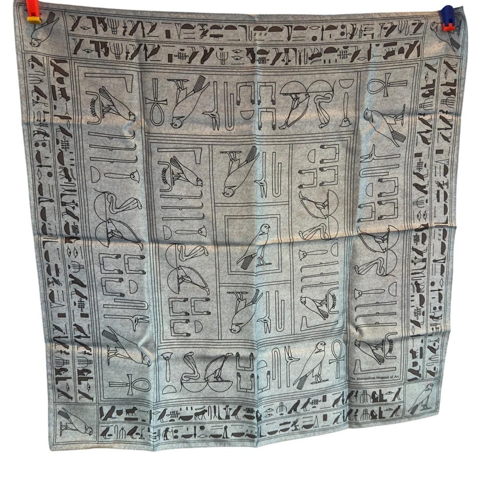 Met Museum Egyptian Hieroglyph Silk Scarf Gray Black Square Vintage 100% Silk